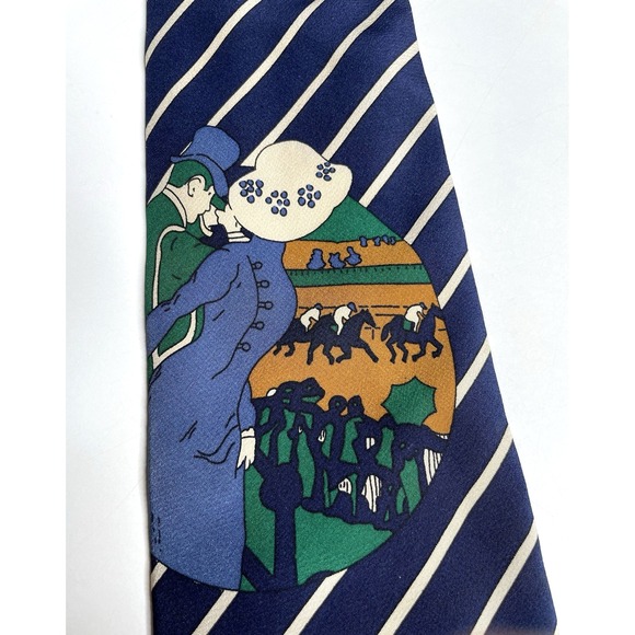 Ted Lapidus Other - Ted Lapidus Blue White Striped Horse Racing 100% Silk Neck Tie 58" x 4" Italy